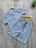 Blue Striped Men's Cuban Shirt & Short Two Piece Set
