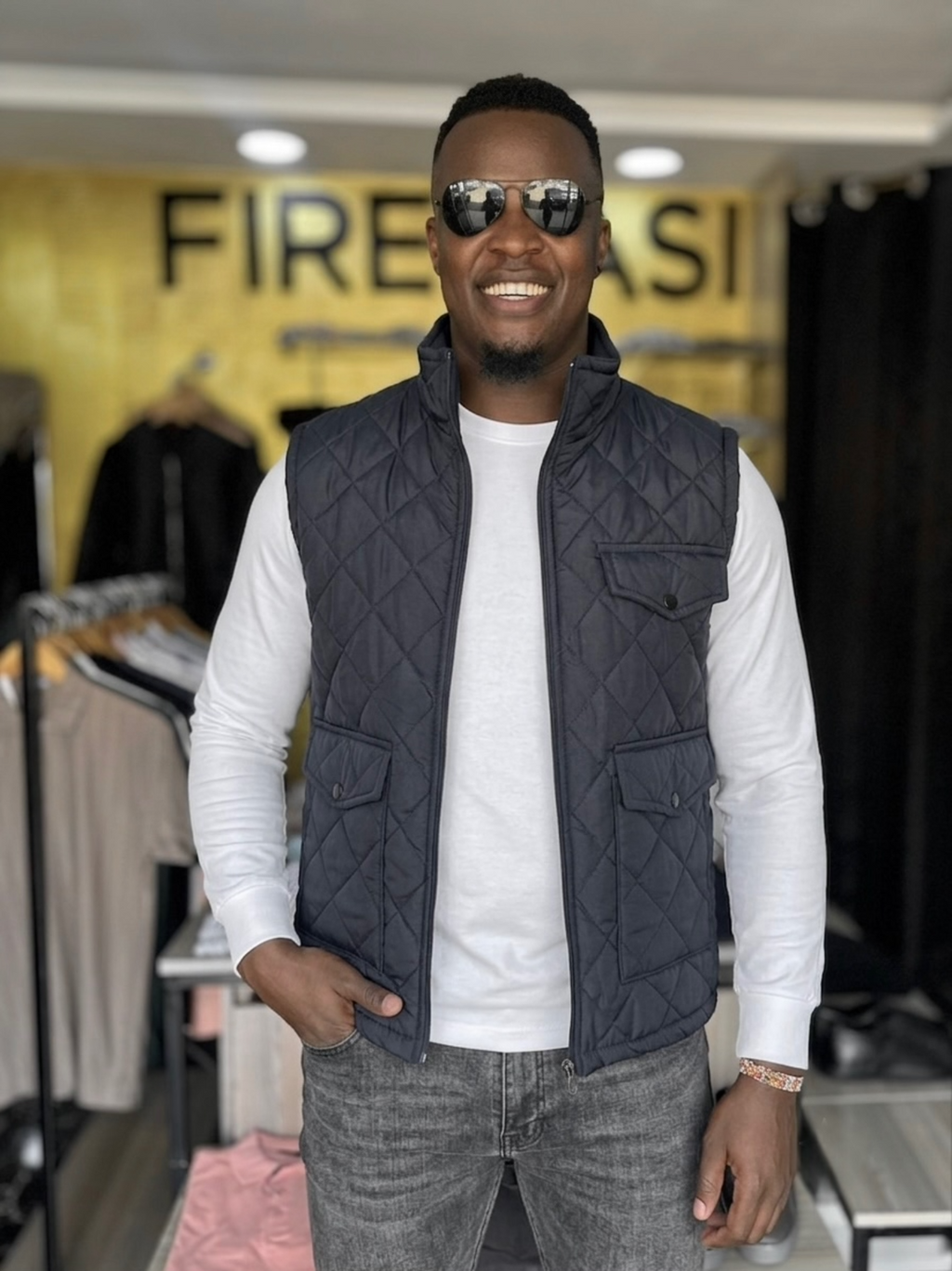 Dark Blue Quilted Fleeced Pockets Men's Half Jacket