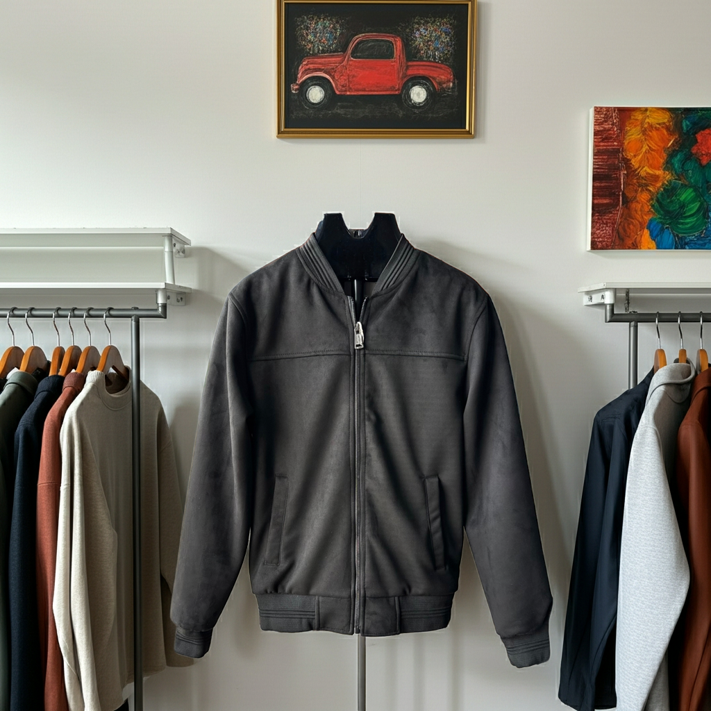 Black Suede/ Velvet Ribbed Bands Bomber Men's Jacket