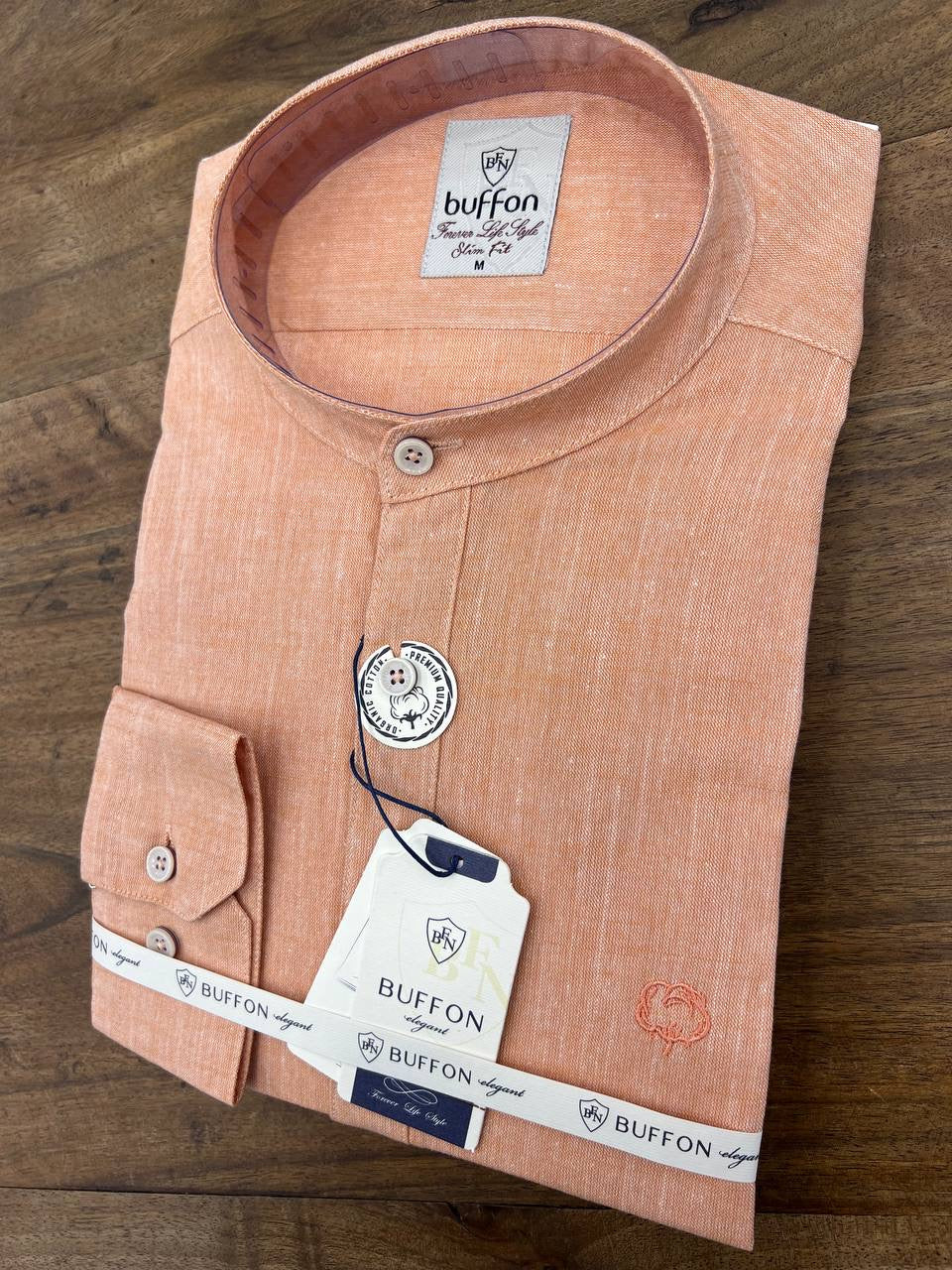 Peach Chinese Collar Men's Slim Fit Longsleeve Casual Shirt