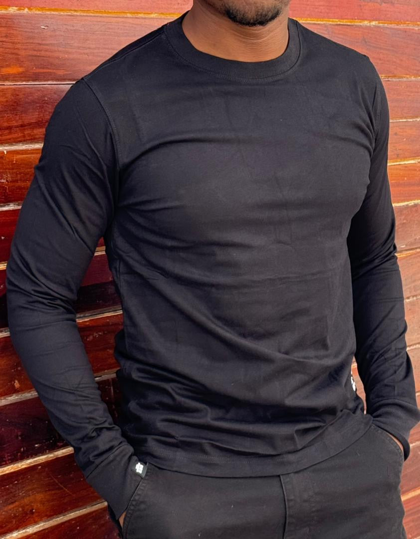 Black Plain Heavy Fabric Men's Longsleeve Round Neck Tshirt