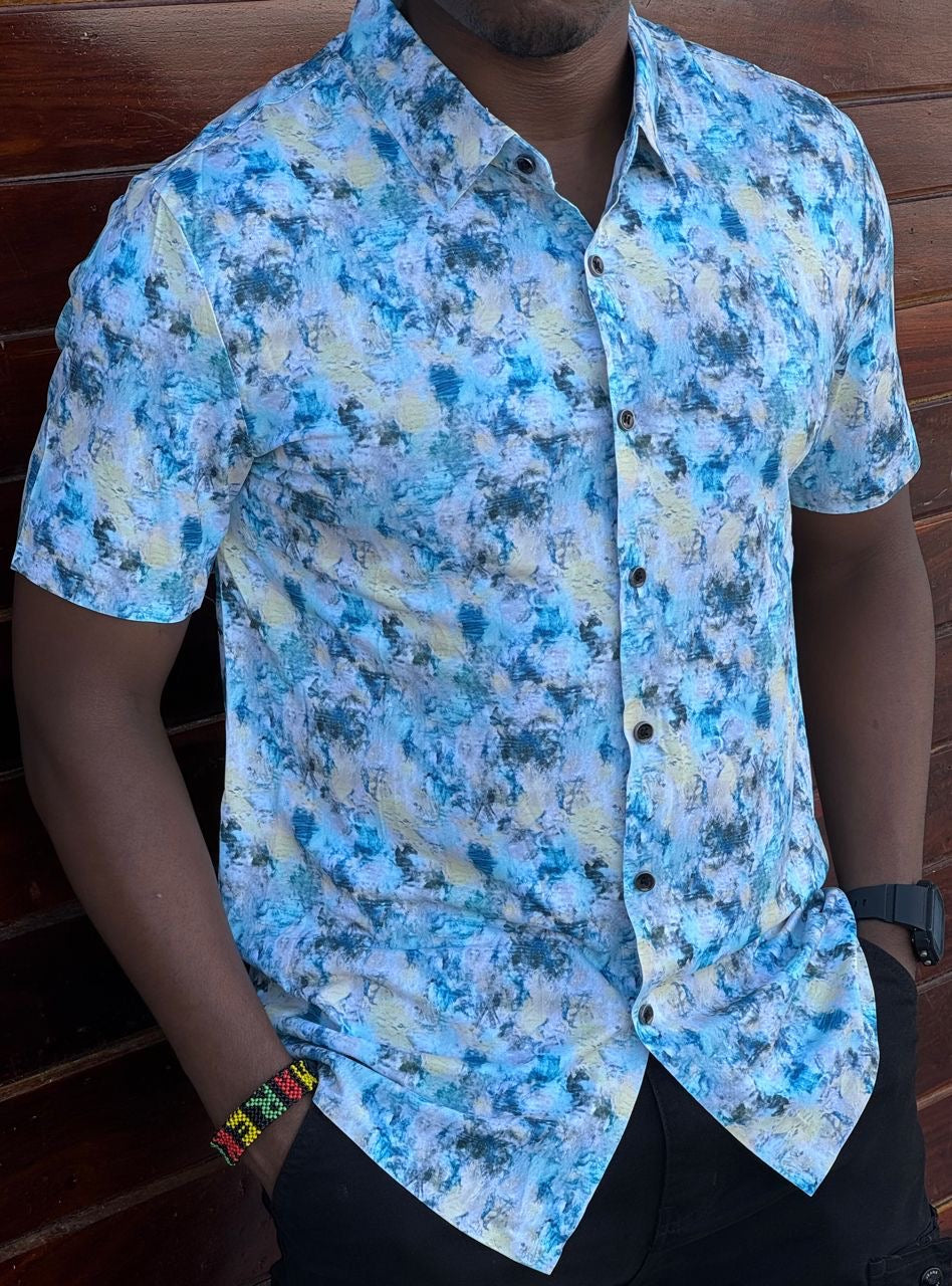 Yellow Blue Pattern Men's Shortsleeve Shirt