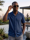 Blue Plain Detailed Cuban Men's Shortsleeve Shirt