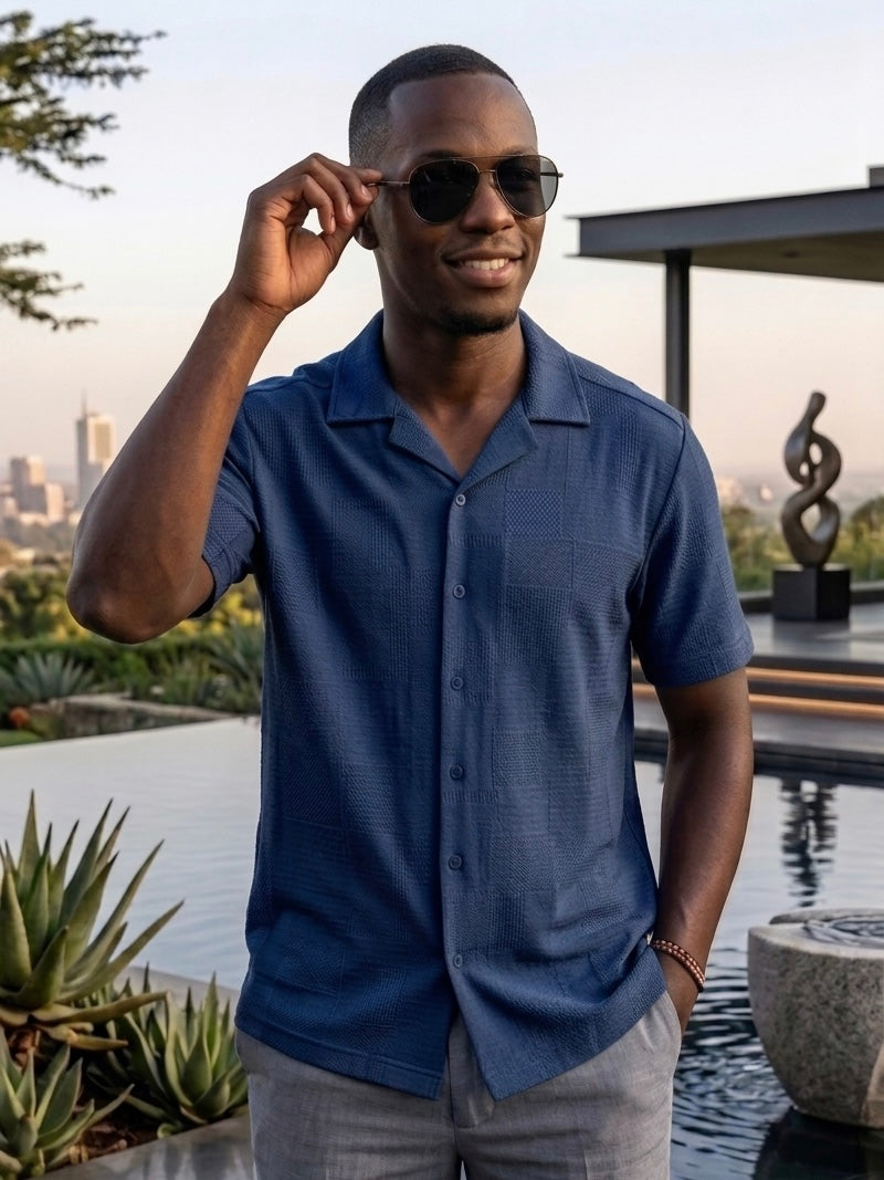 Blue Plain Detailed Cuban Men's Shortsleeve Shirt