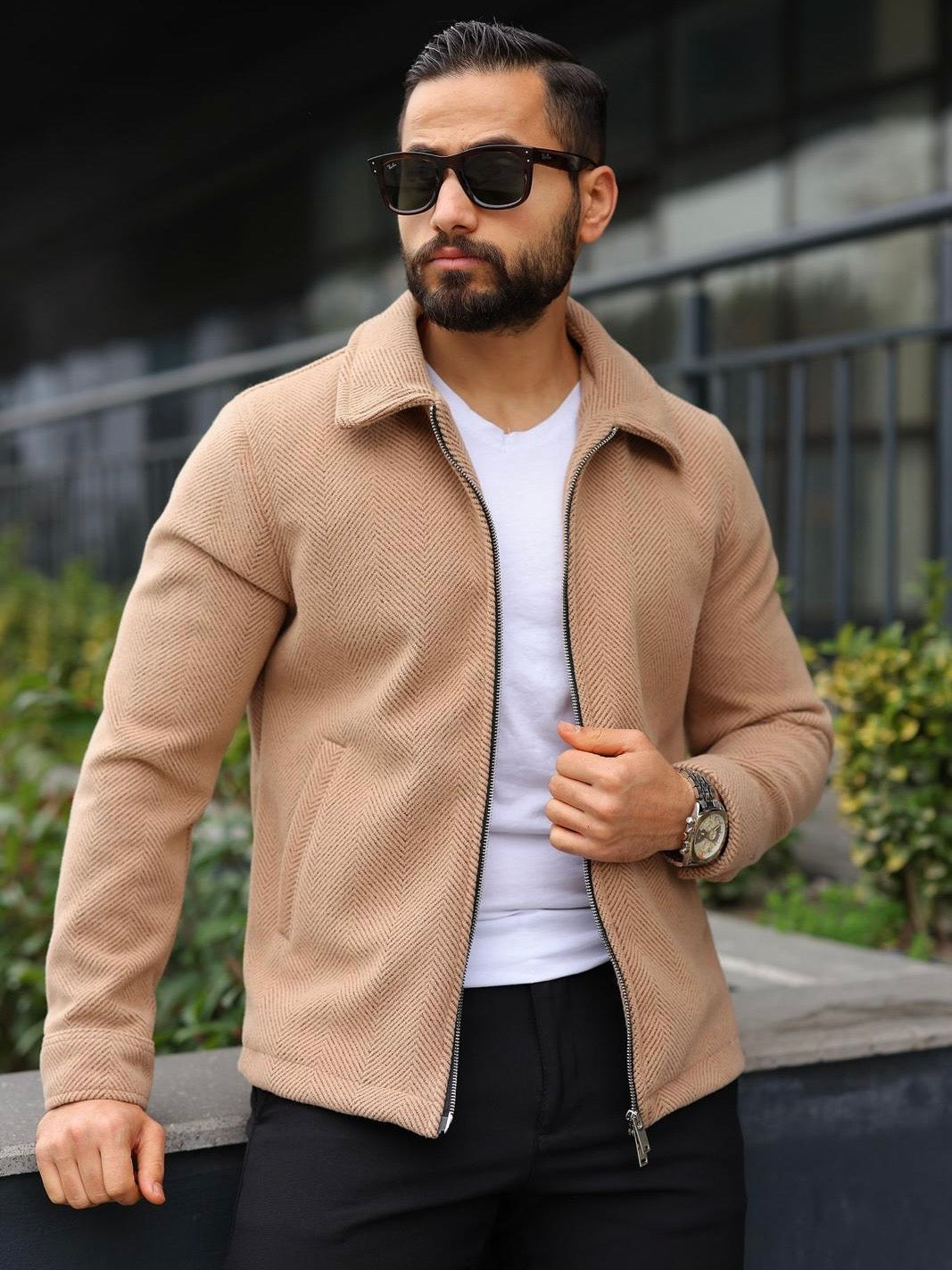 Beige Plain Detailed Men's Collar Jacket