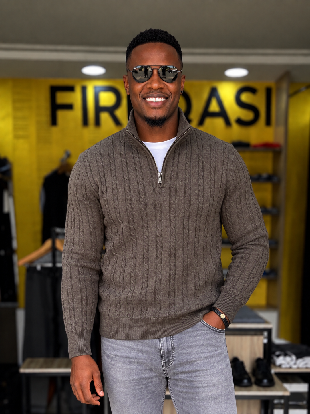 Brown Cable Knit Men's Quarter Zip Sweater