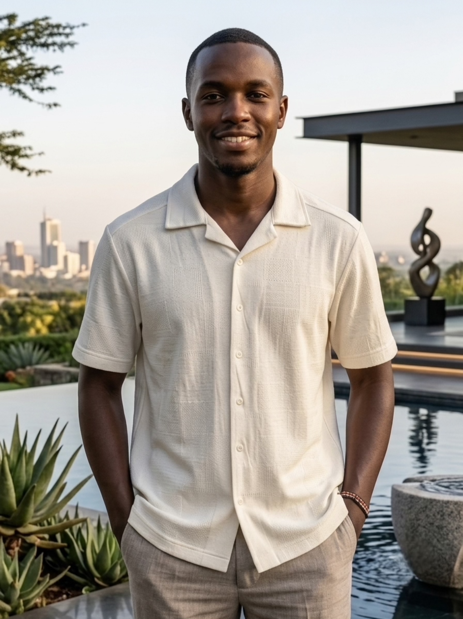 Off White Plain Detailed Cuban Men's Shortsleeve Shirt