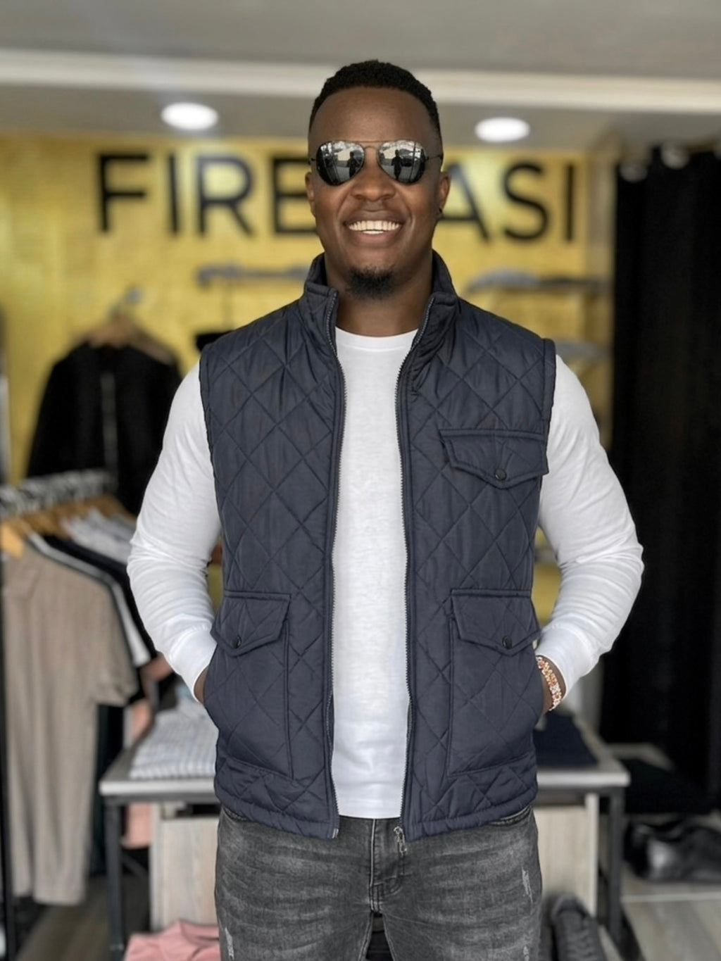 Dark Blue Quilted Fleeced Pockets Men's Half Jacket