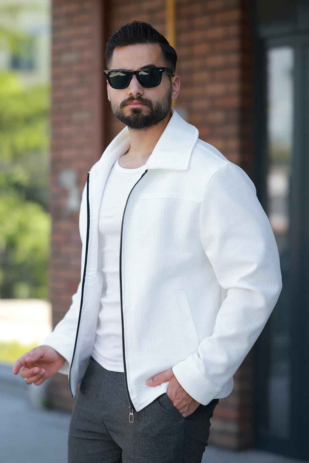 White Plain Detailed Men's Collar Jacket