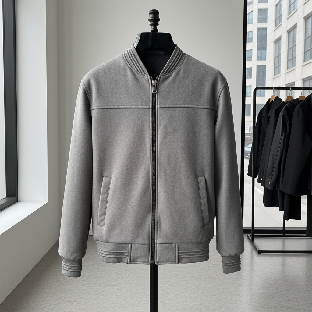Grey Suede/ Velvet Ribbed Bands Bomber Men's Jacket