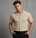 Beige Plain Detailed Cuban Men's Shortsleeve Shirt