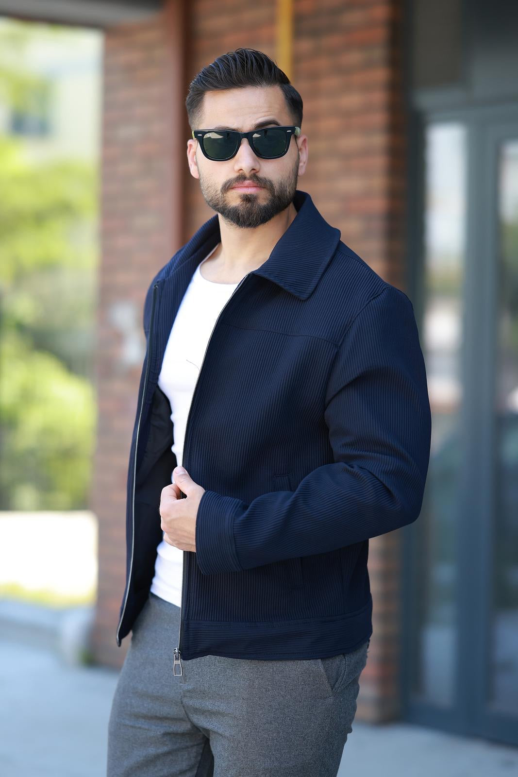 Navy Blue Plain Detailed Men's Collar Jacket