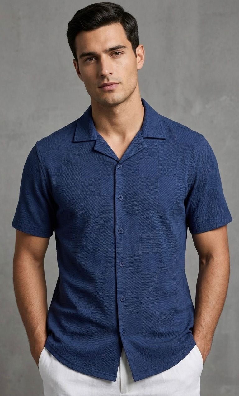 Blue Plain Detailed Cuban Men's Shortsleeve Shirt