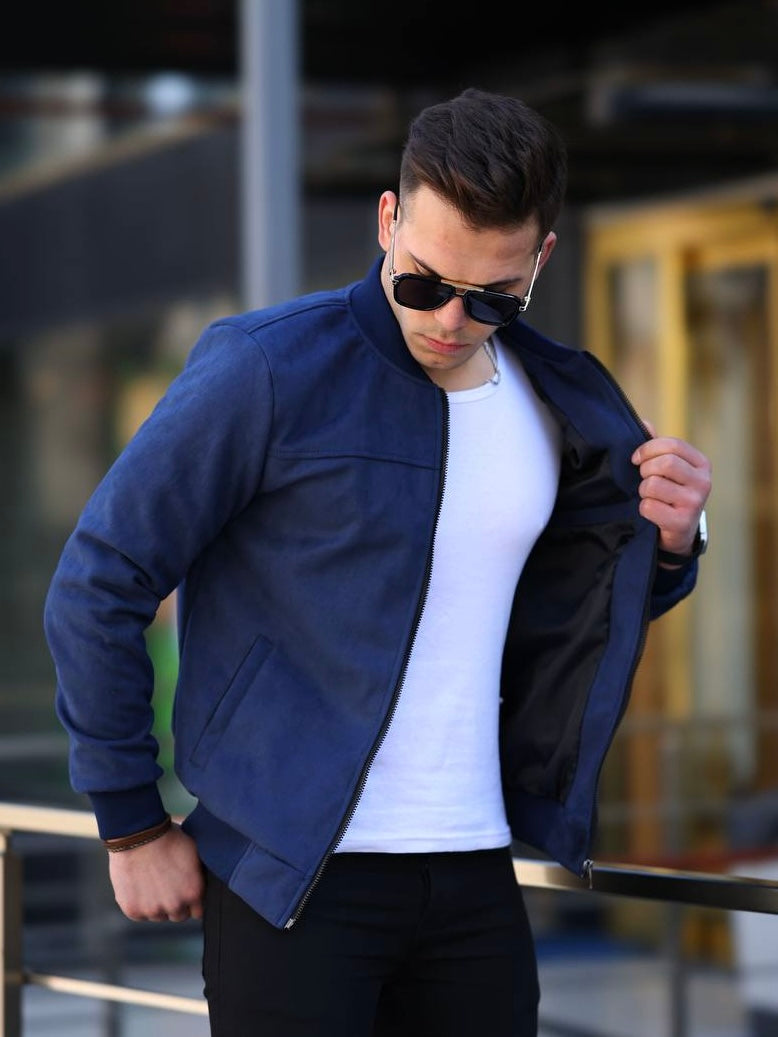 Navy Blue Suede Men's Bomber Jacket