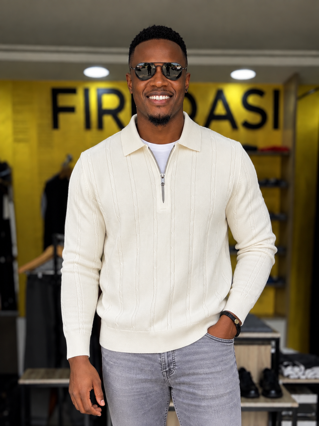 Off White Polo Collar Men's Quarter Zip Sweater