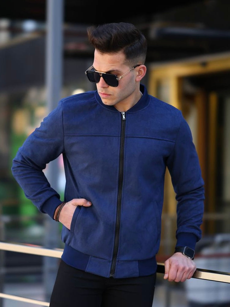 Navy Blue Suede Men's Bomber Jacket