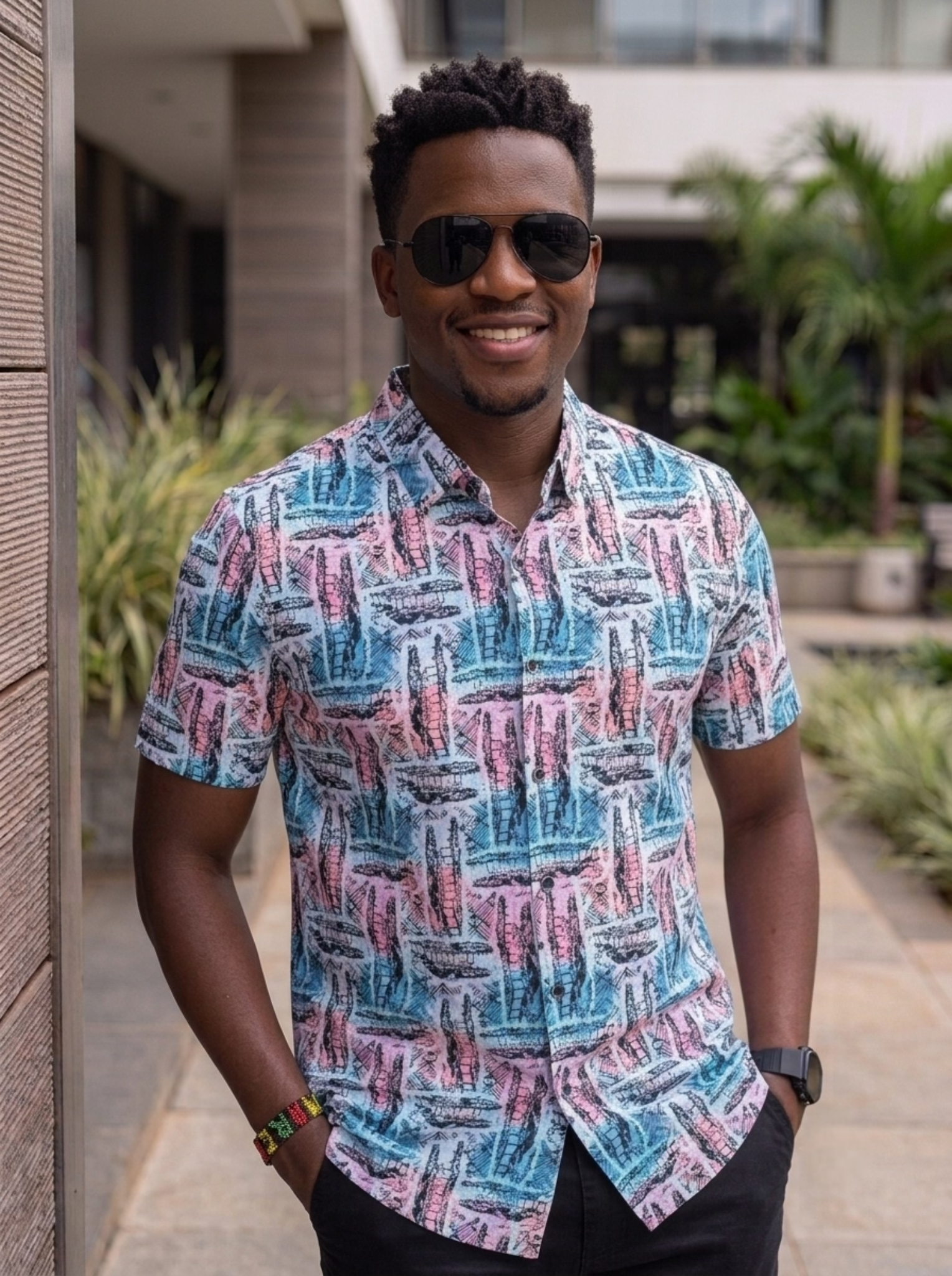 Pink Blue Box Pattern  Men's Shortsleeve Shirt
