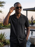 Black Plain Detailed Cuban Men's Shortsleeve Shirt