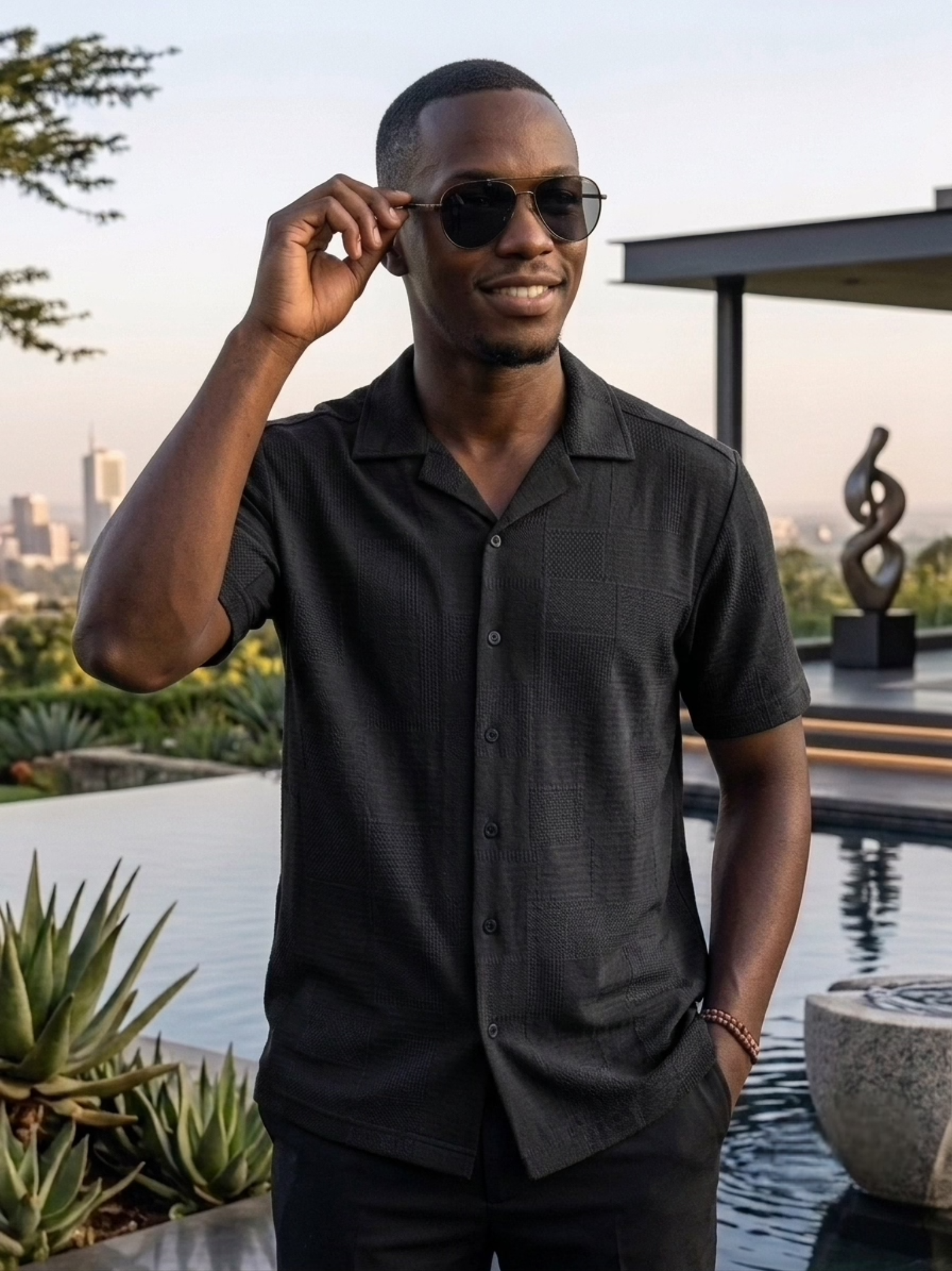 Black Plain Detailed Cuban Men's Shortsleeve Shirt