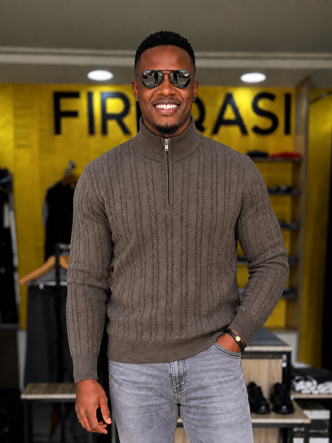 Brown Cable Knit Men's Quarter Zip Sweater