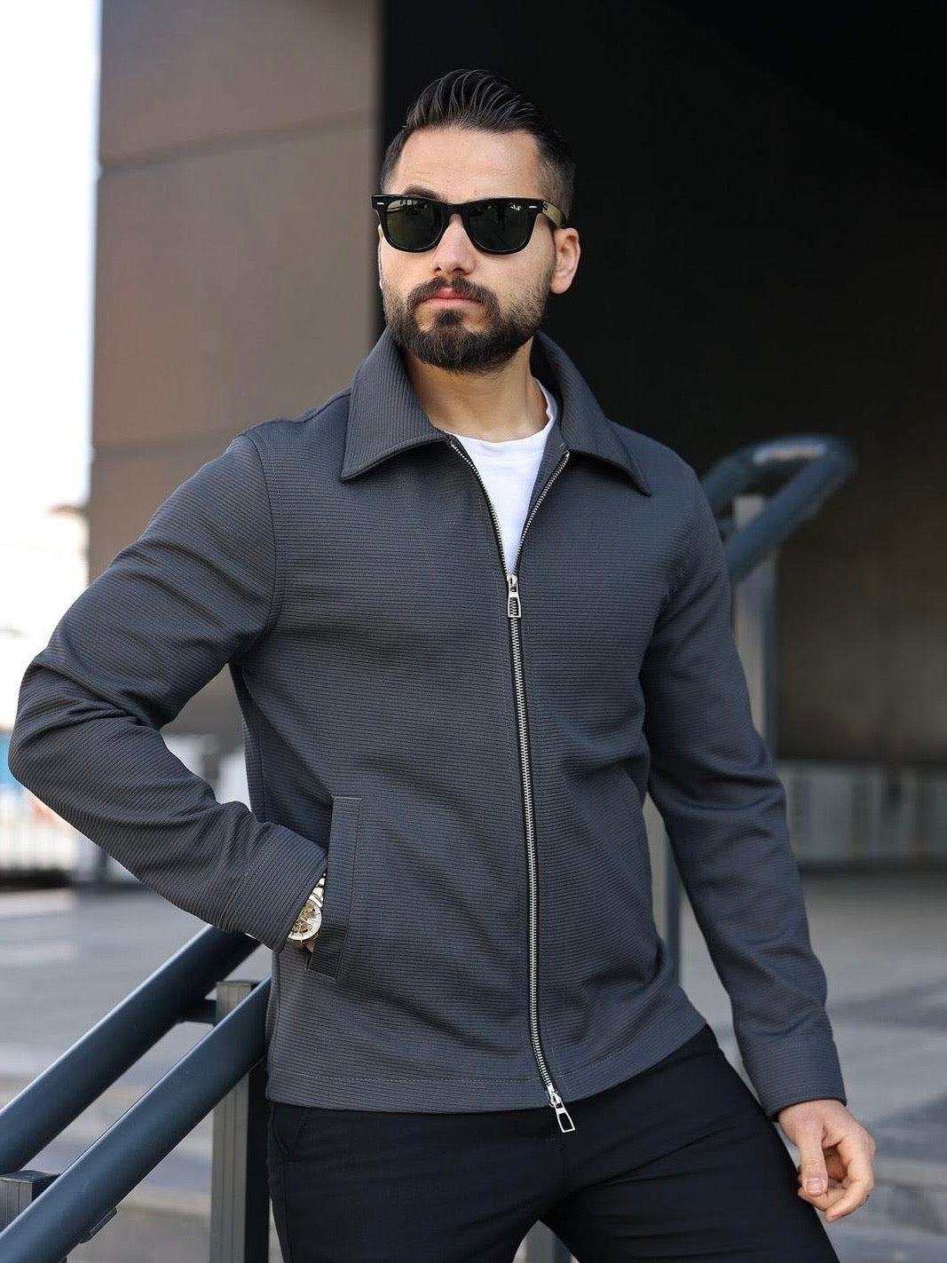 Dark Grey Plain Detailed Men's Collar Jacket