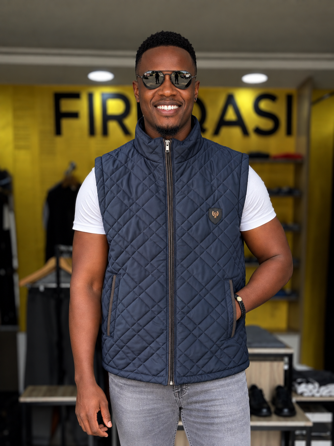 Navy Blue Quilted Men's Half Jacket (Brown Detail)