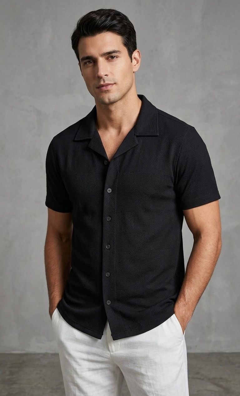Black Plain Detailed Cuban Men's Shortsleeve Shirt
