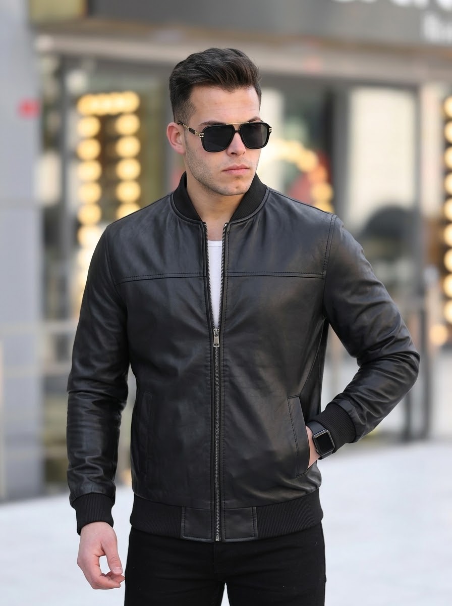 Black Faux Leather Men's Bomber Jacket