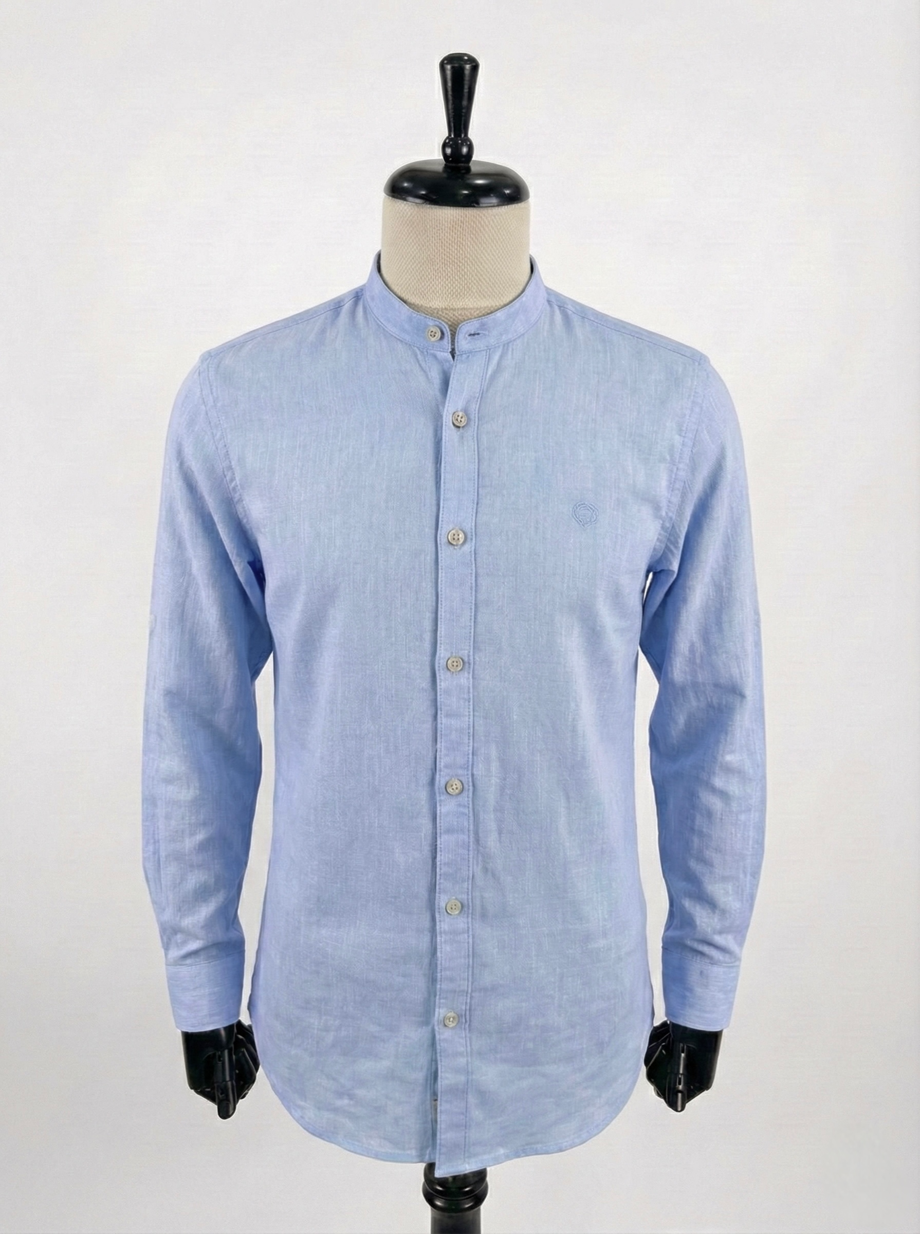 Light Blue Chinese Collar Men's Slim Fit Longsleeve Casual Shirt