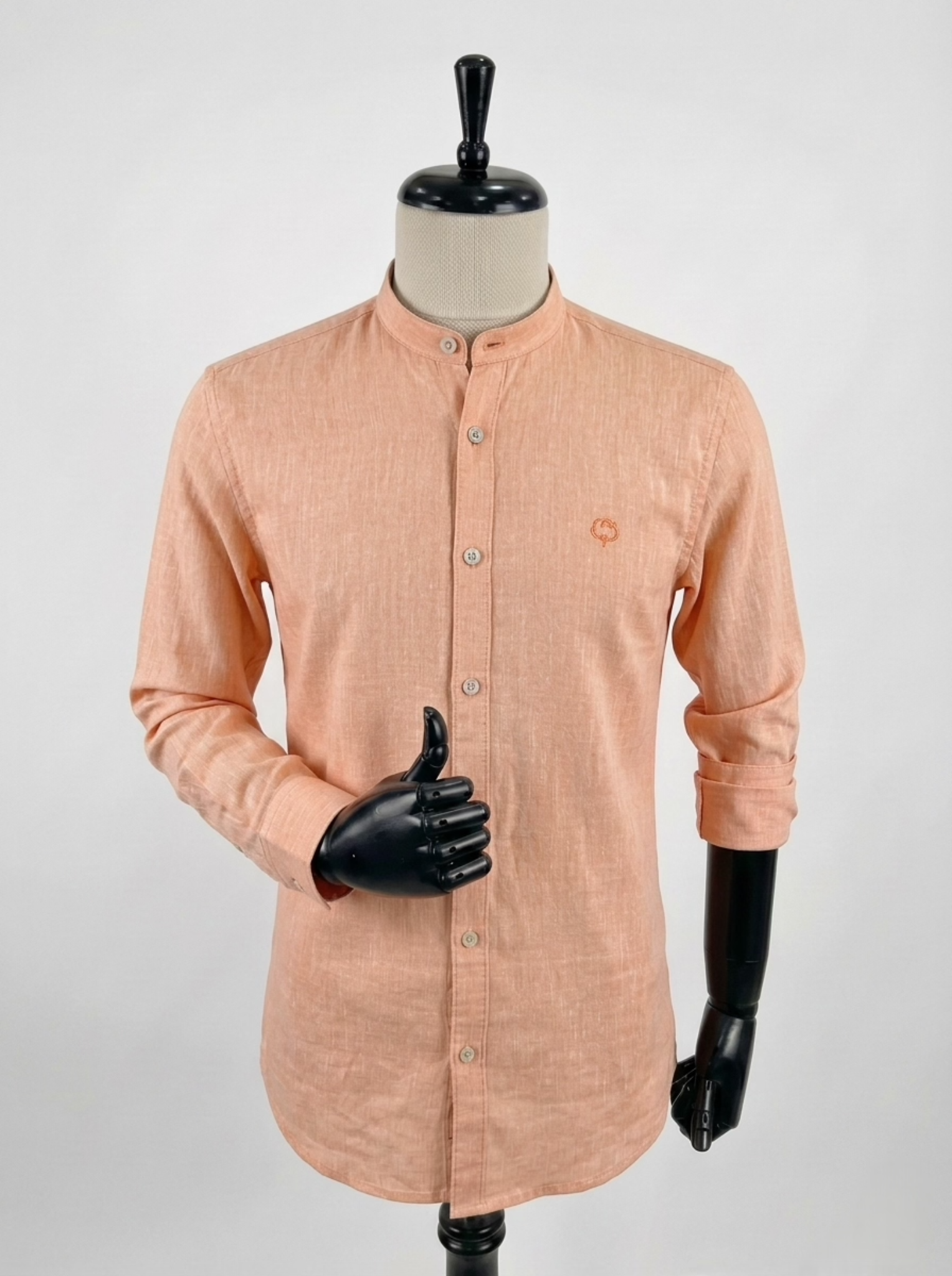 Peach Chinese Collar Men's Slim Fit Longsleeve Casual Shirt