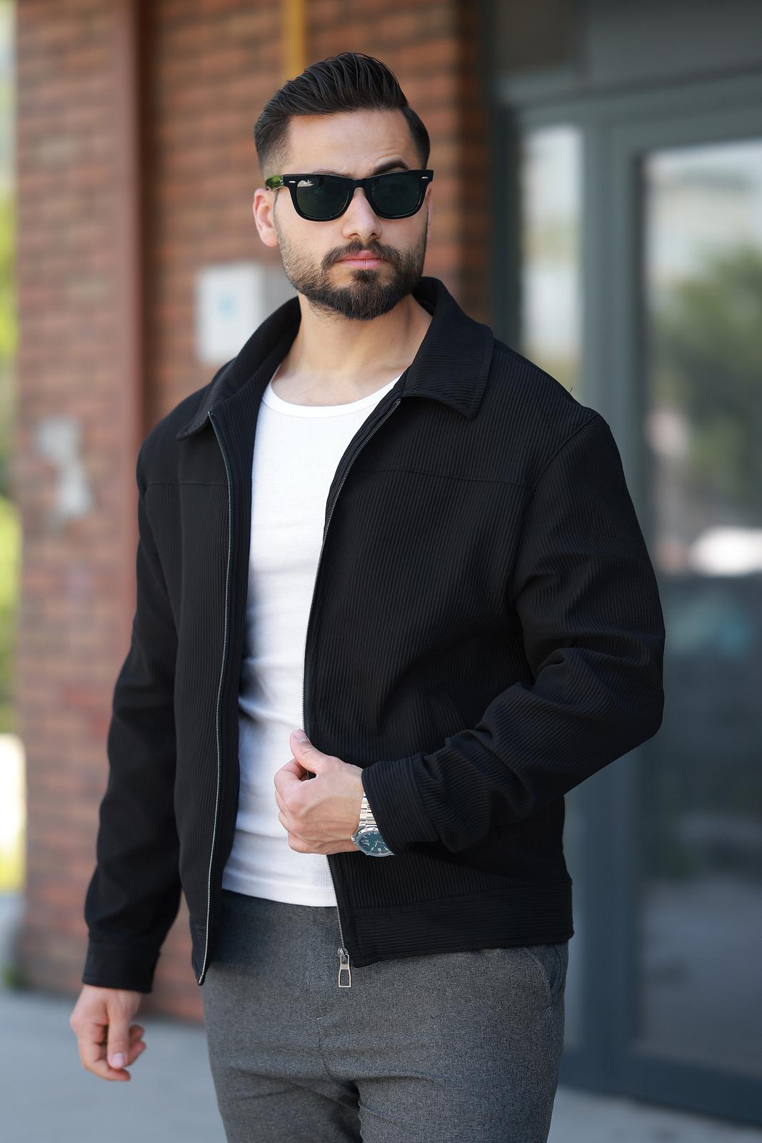 Black Plain Detailed Men's Collar Jacket