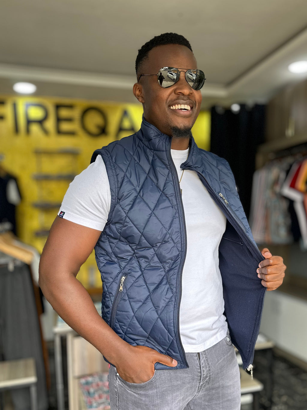 Blue Fleeced Quilted Men's Half Jacket