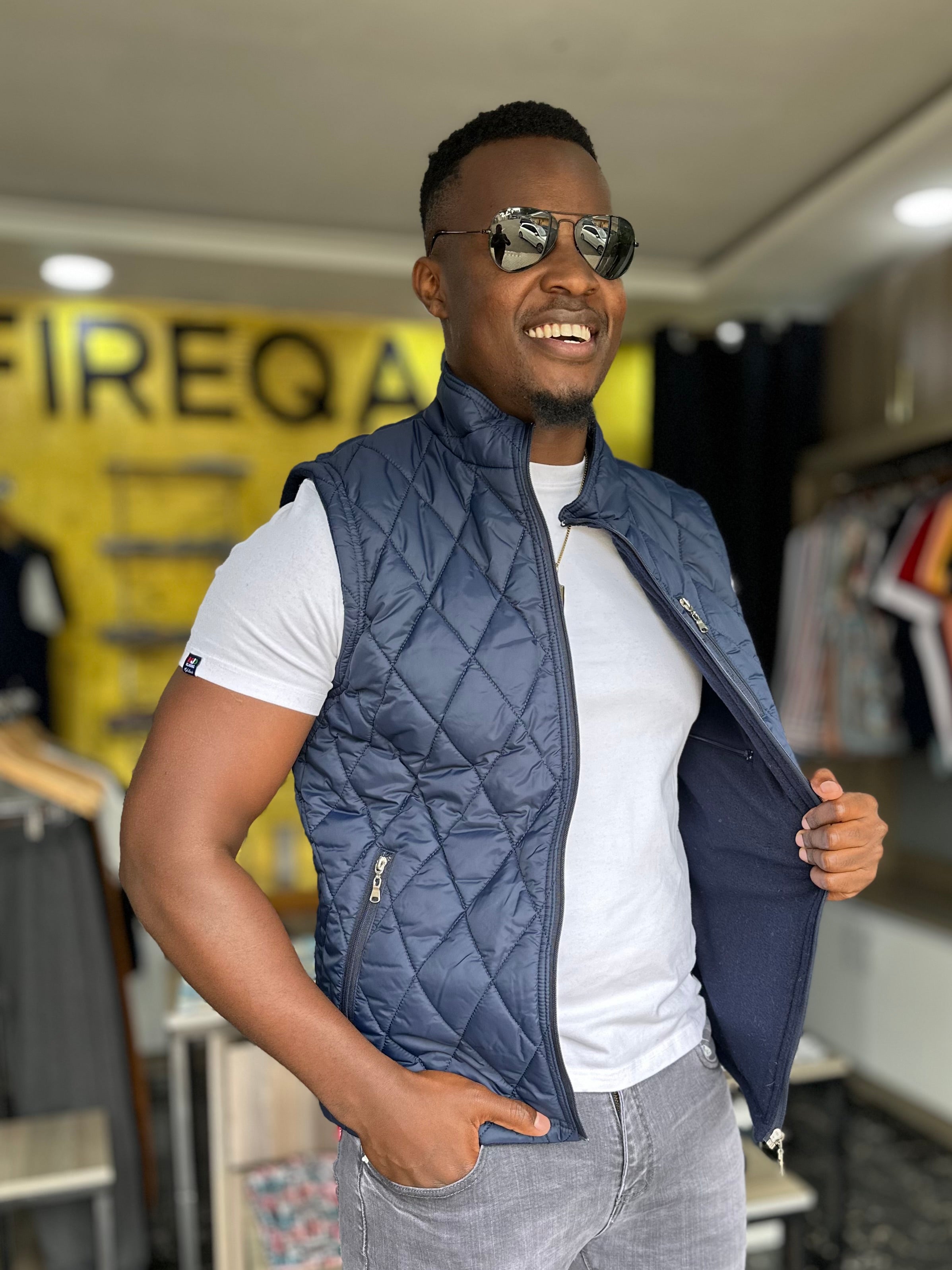 Blue Fleeced Quilted Men's Half Jacket