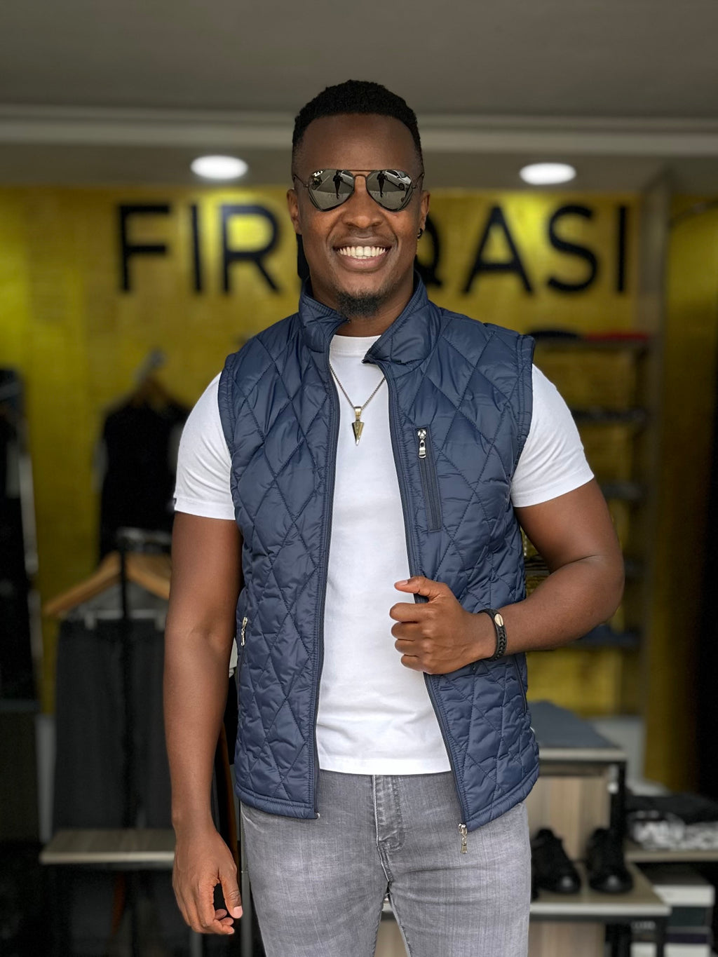 Blue Fleeced Quilted Men's Half Jacket