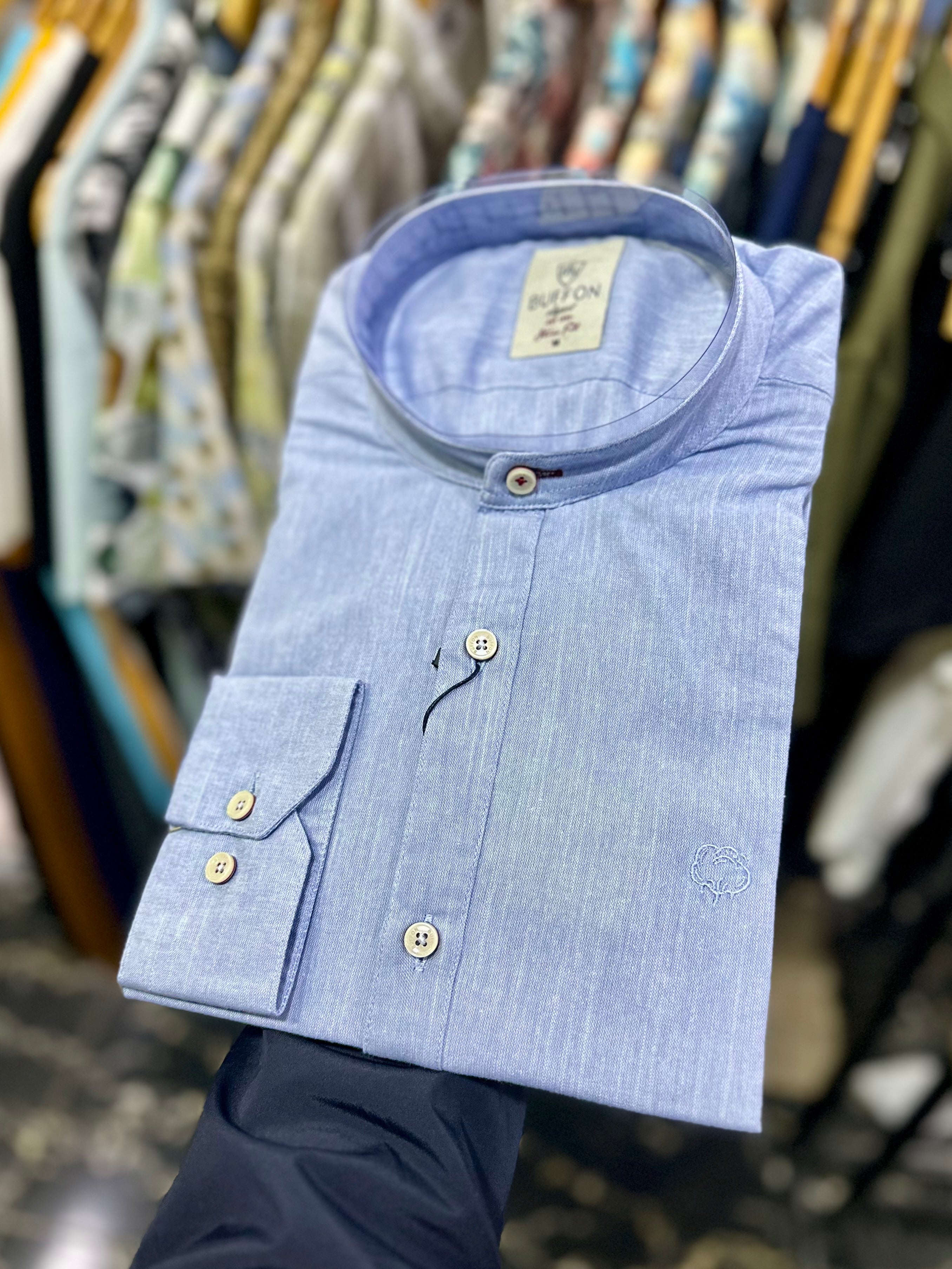 Light Blue Chinese Collar Men's Slim Fit Longsleeve Casual Shirt