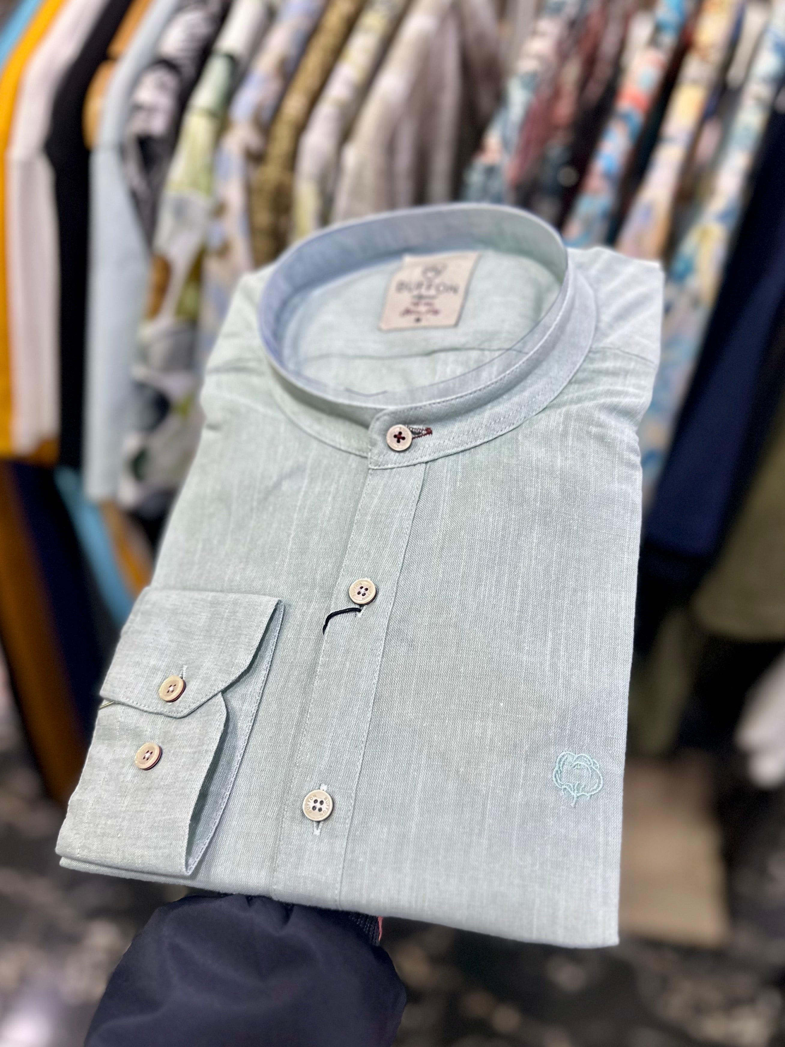 Light Green Chinese Collar Men's Slim Fit Longsleeve Casual Shirt