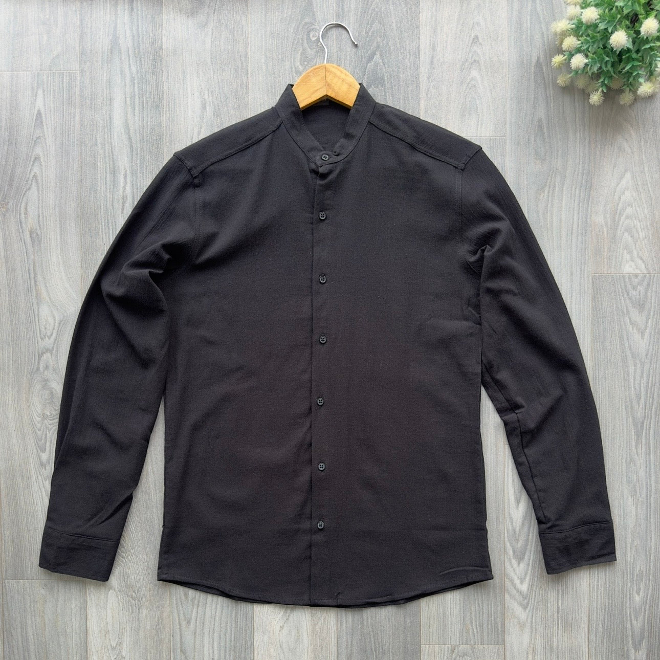 Black Chinese Collar Men's Longsleeve Casual Shirt