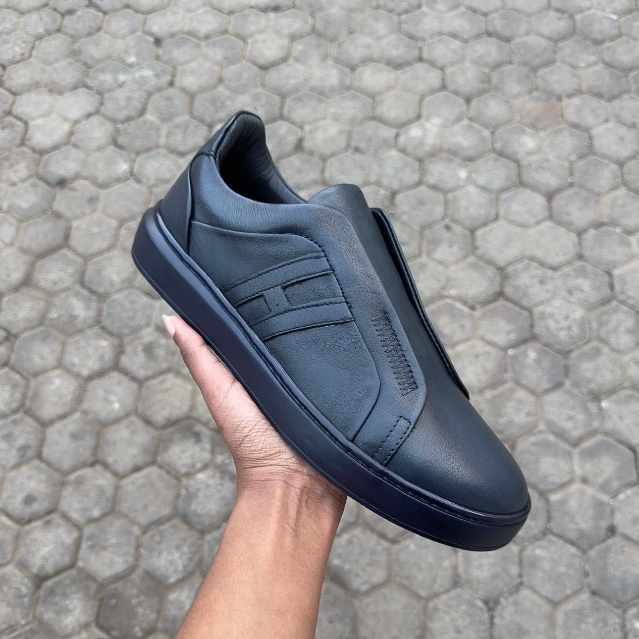 Navy Blue No Lace Men's Leather Sneakers