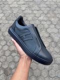 Navy Blue No Lace Men's Leather Sneakers