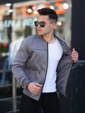 Grey Suede/ Velvet Ribbed Bands Bomber Men's Jacket