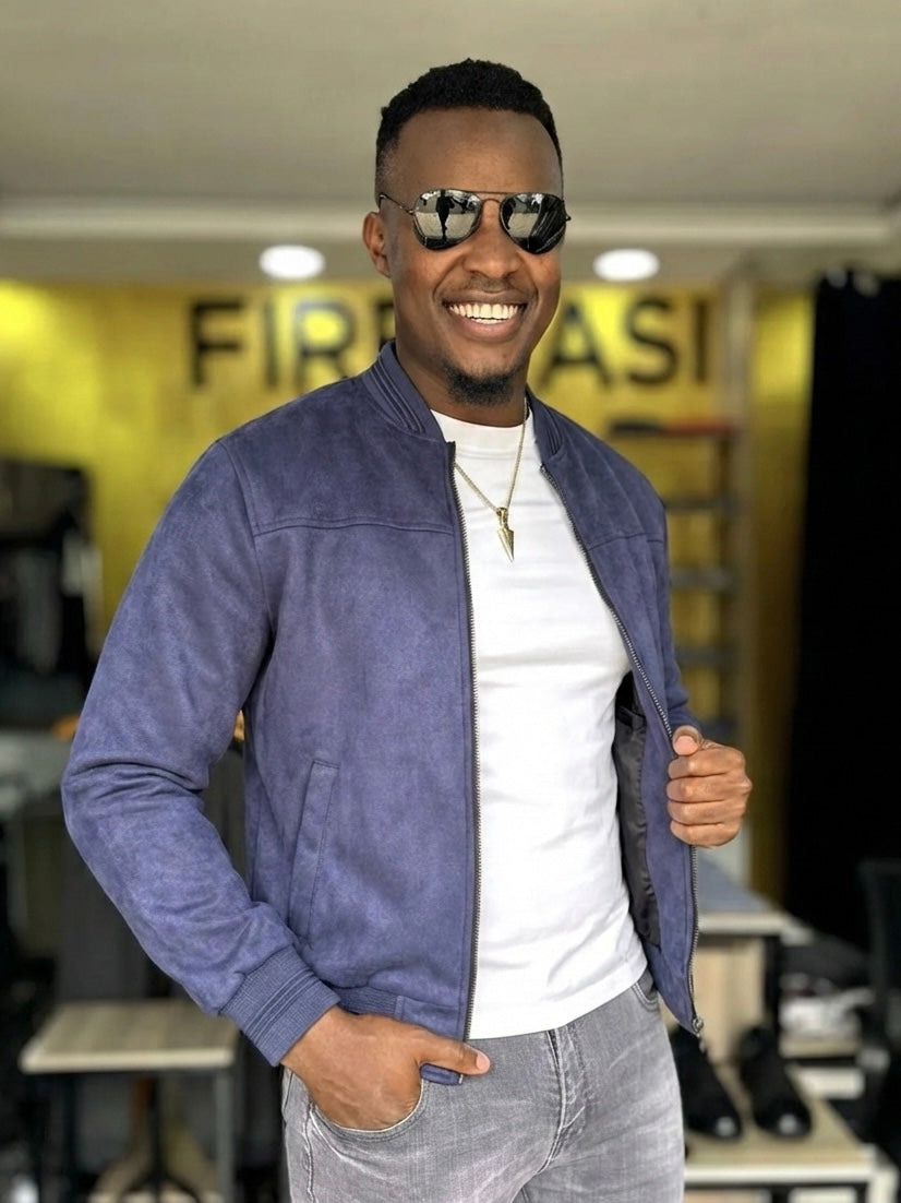 Navy Blue Suede/ Velvet Ribbed Bands Bomber Men's Jacket