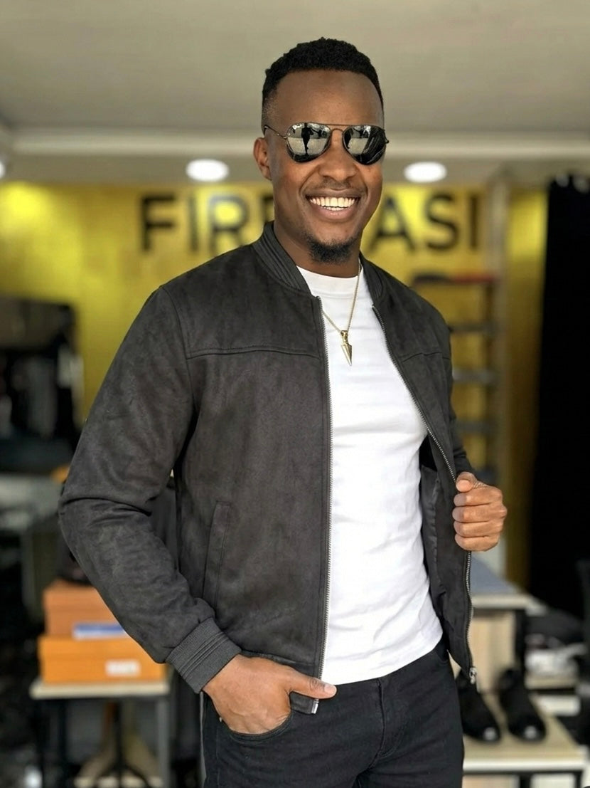 Black Suede/ Velvet Ribbed Bands Bomber Men's Jacket