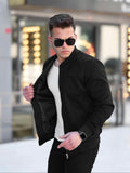Black Suede/ Velvet Ribbed Bands Bomber Men's Jacket