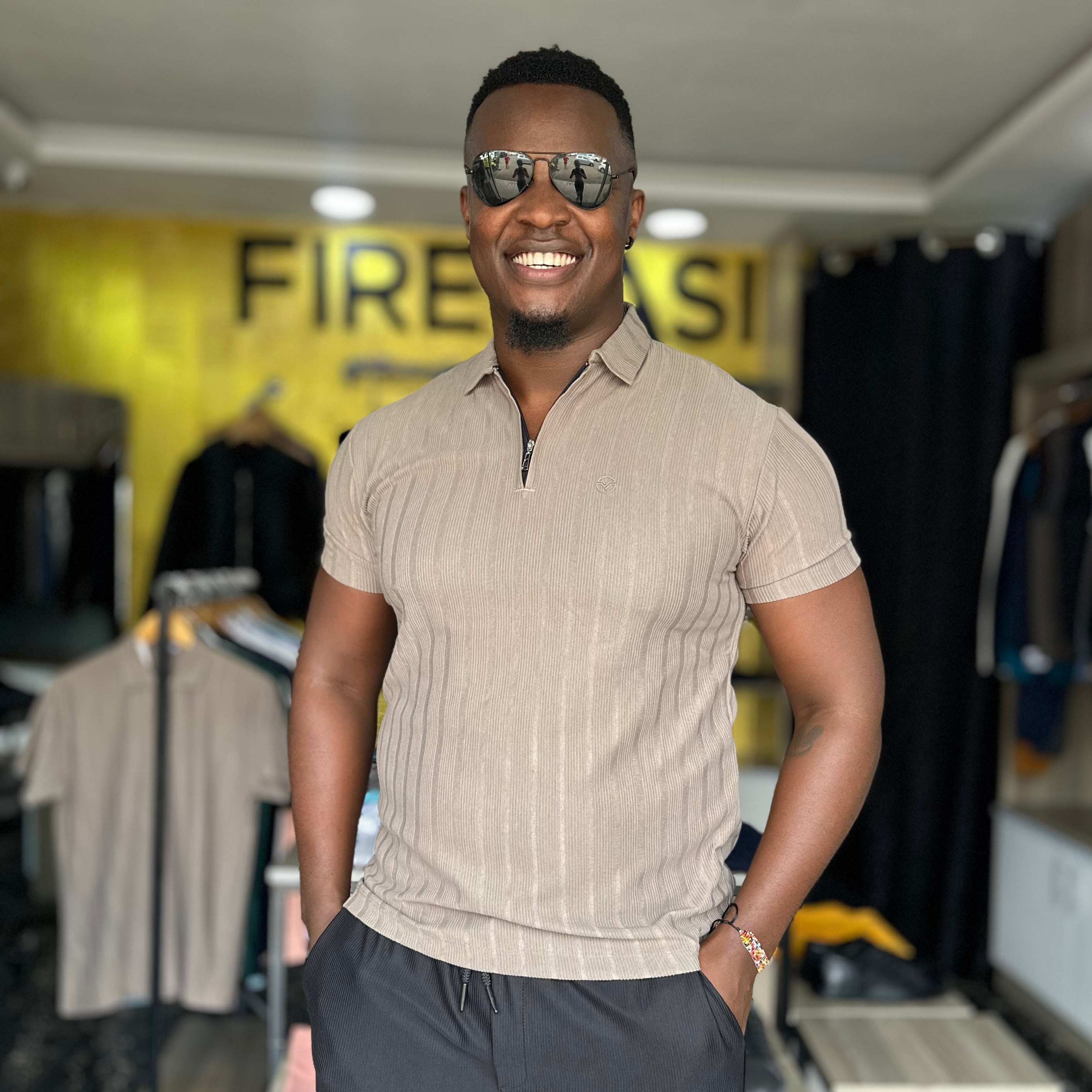 Beige Plain  Detailed Men's Zip Polo