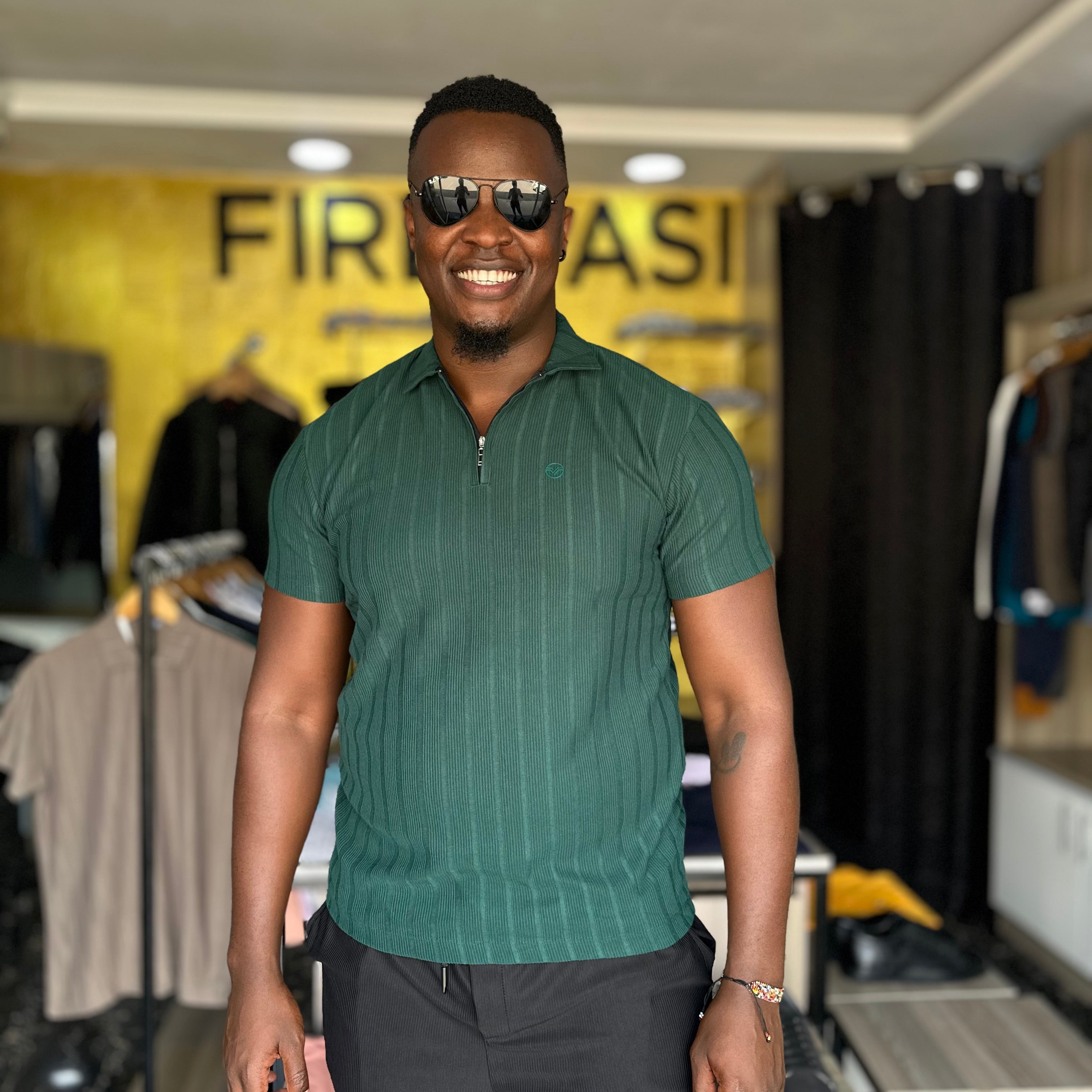 Jungle Green  Plain  Detailed Men's Zip Polo