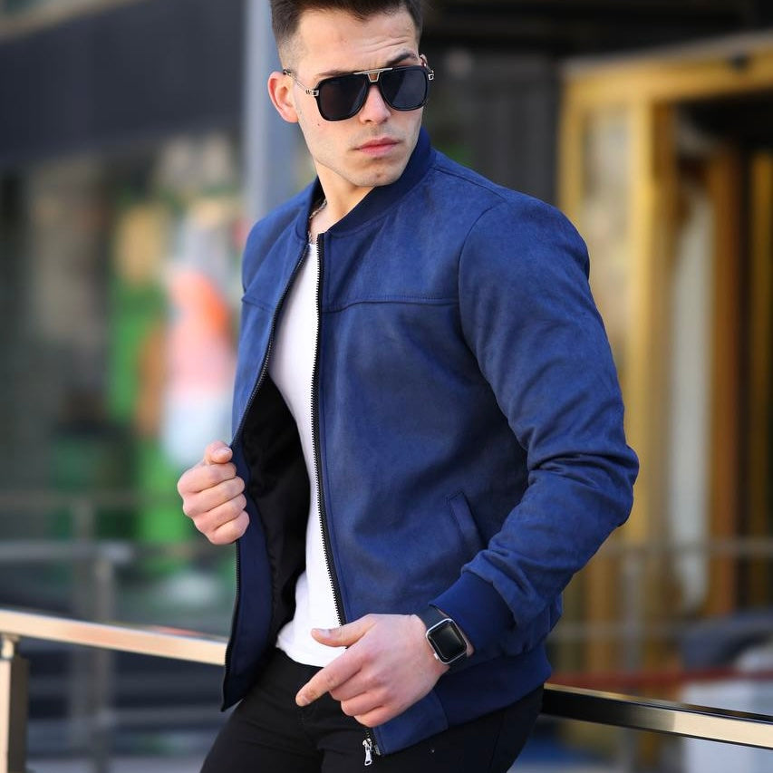 Navy Blue Suede/ Velvet Bomber Men's Jacket