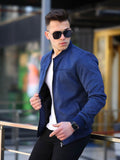 Navy Blue Suede/ Velvet Ribbed Bands Bomber Men's Jacket