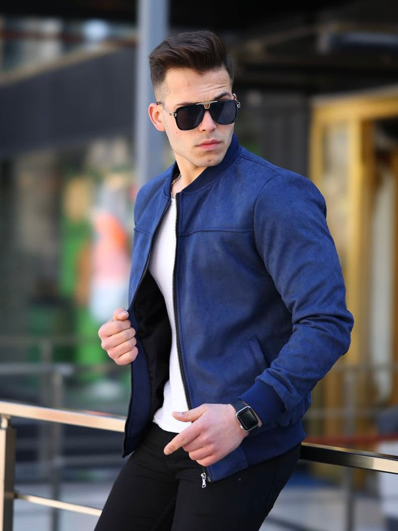 Navy Blue Suede/ Velvet Ribbed Bands Bomber Men's Jacket