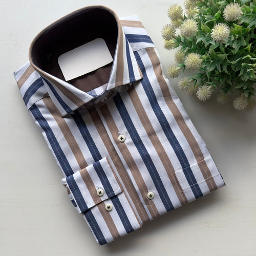 Men's Beige Striped Regular Fit Casual/ Formal Longsleeve Shirt Close up Fireqasi
