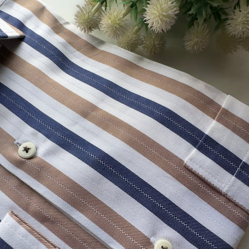 Men's Beige Striped Regular Fit Casual/ Formal Longsleeve Shirt Zoomed in Detail  Fireqasi